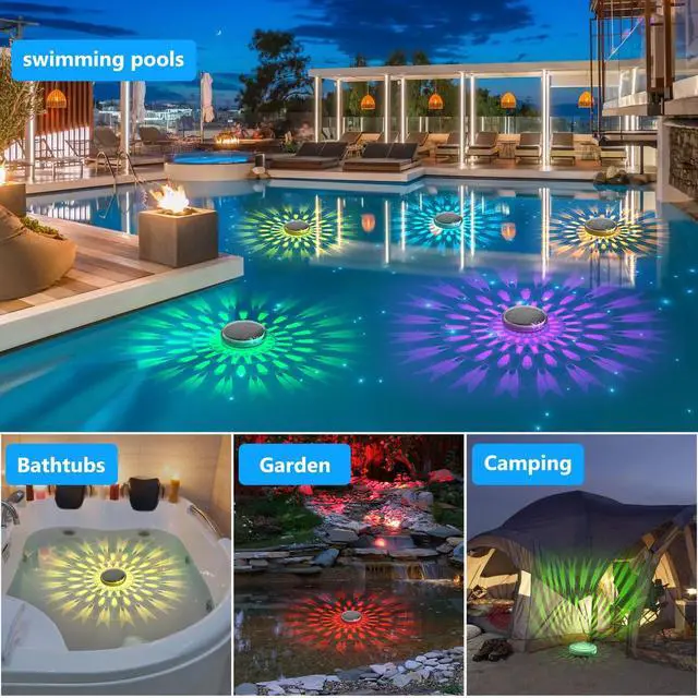 Alt view image 6 of 7 - Solar Rechargeable Floating Pool Lights(2 Pack), Pool Lights that Float with Remote Control, 9 Lighting, Timing Mode, IPX7 Waterproof for Inground Pool, Bathroom, Bathtub, Pool Party