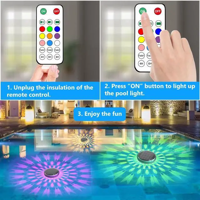Alt view image 7 of 7 - Solar Rechargeable Floating Pool Lights(2 Pack), Pool Lights that Float with Remote Control, 9 Lighting, Timing Mode, IPX7 Waterproof for Inground Pool, Bathroom, Bathtub, Pool Party