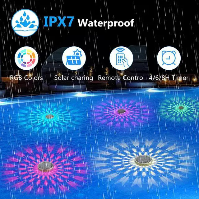 Alt view image 4 of 7 - Solar Rechargeable Floating Pool Lights(2 Pack), Pool Lights that Float with Remote Control, 9 Lighting, Timing Mode, IPX7 Waterproof for Inground Pool, Bathroom, Bathtub, Pool Party