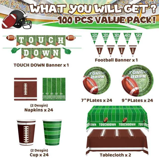 Alt view image 2 of 7 - Football Party Decorations - 100 Pcs Party Supplies Serve 24, Touch Down Banner, Plates, Tablecloth, Cup and Napkins for Birthday, Game Day and Tailgate Party