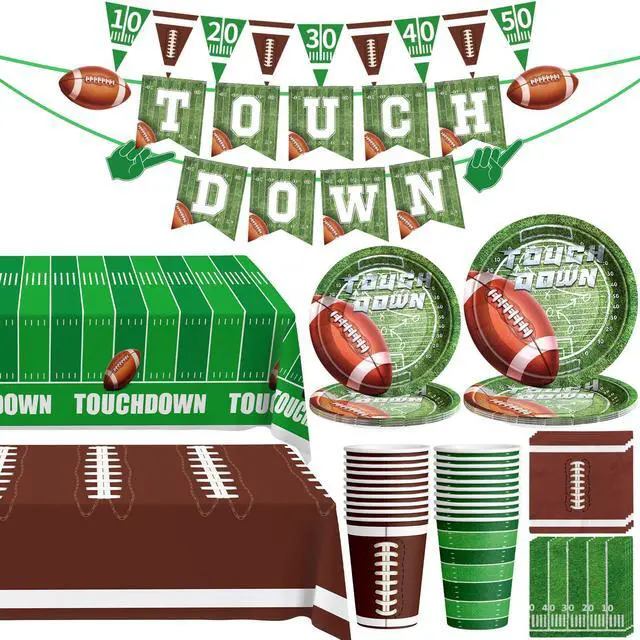 Main image of Football Party Decorations - 100 Pcs Party Supplies Serve 24, Touch Down Banner, Plates, Tablecloth, Cup and Napkins for Birthday, Game Day and Tailgate Party
