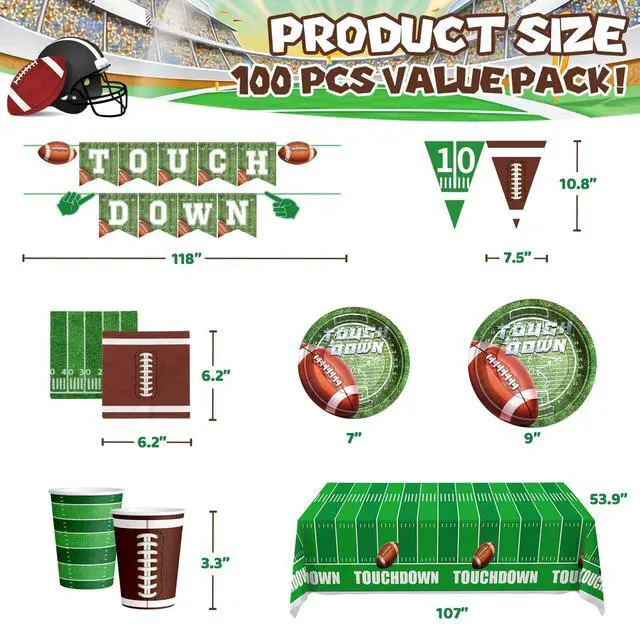 Alt view image 3 of 7 - Football Party Decorations - 100 Pcs Party Supplies Serve 24, Touch Down Banner, Plates, Tablecloth, Cup and Napkins for Birthday, Game Day and Tailgate Party