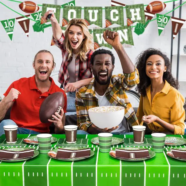 Alt view image 6 of 7 - Football Party Decorations - 100 Pcs Party Supplies Serve 24, Touch Down Banner, Plates, Tablecloth, Cup and Napkins for Birthday, Game Day and Tailgate Party