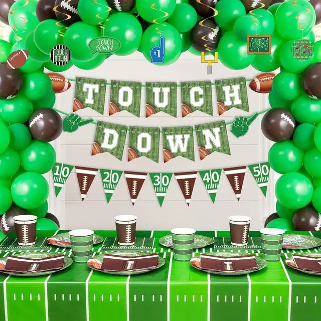 Alt view image 7 of 7 - Football Party Decorations - 100 Pcs Party Supplies Serve 24, Touch Down Banner, Plates, Tablecloth, Cup and Napkins for Birthday, Game Day and Tailgate Party