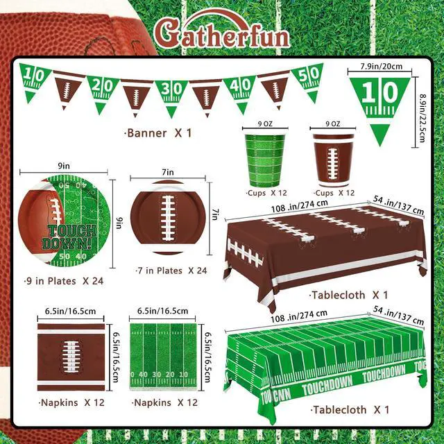 Alt view image 2 of 7 - Football Party Supplies Kit Serve 24,Includes Dinner Plates, Dessert Napkins, Cups,Banner and Touchdown Tablecloth for Birthday Gameday Tailgate Decorations, Green (2023053002)