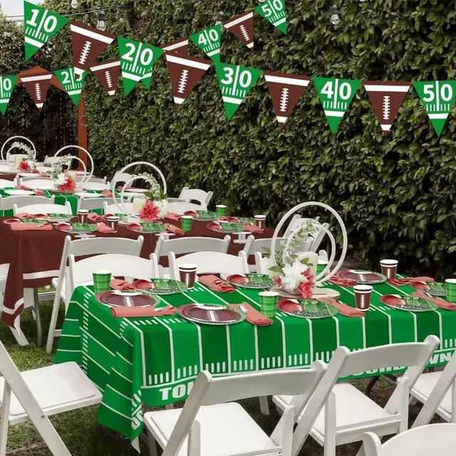 Alt view image 3 of 7 - Football Party Supplies Kit Serve 24,Includes Dinner Plates, Dessert Napkins, Cups,Banner and Touchdown Tablecloth for Birthday Gameday Tailgate Decorations, Green (2023053002)