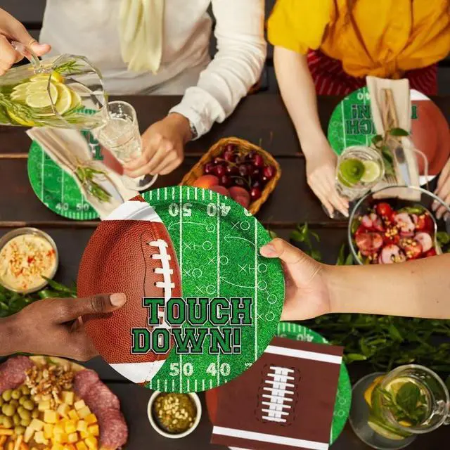 Alt view image 4 of 7 - Football Party Supplies Kit Serve 24,Includes Dinner Plates, Dessert Napkins, Cups,Banner and Touchdown Tablecloth for Birthday Gameday Tailgate Decorations, Green (2023053002)
