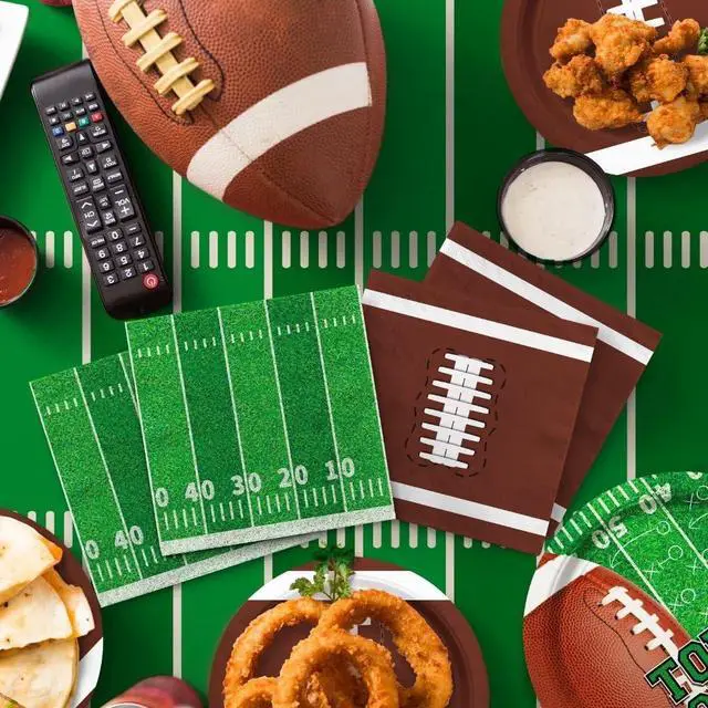 Alt view image 5 of 7 - Football Party Supplies Kit Serve 24,Includes Dinner Plates, Dessert Napkins, Cups,Banner and Touchdown Tablecloth for Birthday Gameday Tailgate Decorations, Green (2023053002)