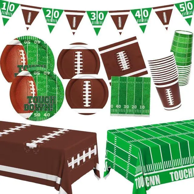 Main image of Football Party Supplies Kit Serve 24,Includes Dinner Plates, Dessert Napkins, Cups,Banner and Touchdown Tablecloth for Birthday Gameday Tailgate Decorations, Green (2023053002)