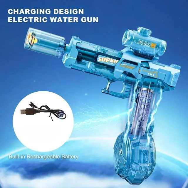 Alt view image 2 of 7 - Electric Water Gun for Adults Kids, Transparent Automatic Squirt Watergun with Water Spray Sound and Led Lights, Summer Outdoor Water Pistol Pool Beach Party Toys for Boys Girls, Blue