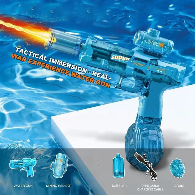 Alt view image 3 of 7 - Electric Water Gun for Adults Kids, Transparent Automatic Squirt Watergun with Water Spray Sound and Led Lights, Summer Outdoor Water Pistol Pool Beach Party Toys for Boys Girls, Blue