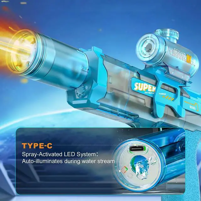 Alt view image 6 of 7 - Electric Water Gun for Adults Kids, Transparent Automatic Squirt Watergun with Water Spray Sound and Led Lights, Summer Outdoor Water Pistol Pool Beach Party Toys for Boys Girls, Blue