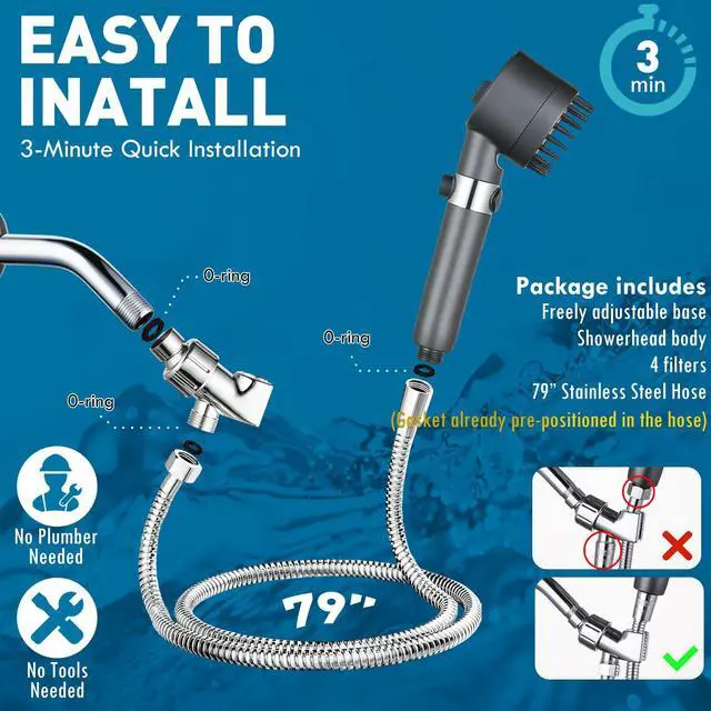 Alt view image 5 of 7 - Filtered Shower Head with Handheld High Pressure 4 Spray Showerhead with Filters for Hard Water-Remove Chlorine ON/OFF Switch for Pets,With 79" Stainless Steel Hose,Bracket,4 Filters,Bath Loofah