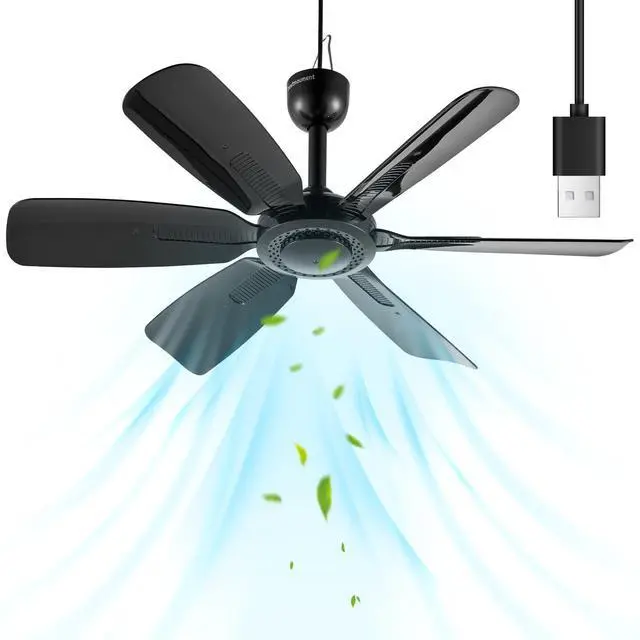 Main image of 17.7" Inch Small Portable Ceiling Fan, USB Plug In, 5V DC Powered, 6 Blades, Indoor/Outdoor RV Camping Tent Canopy, GazeboBeachHanging, Quiet,black