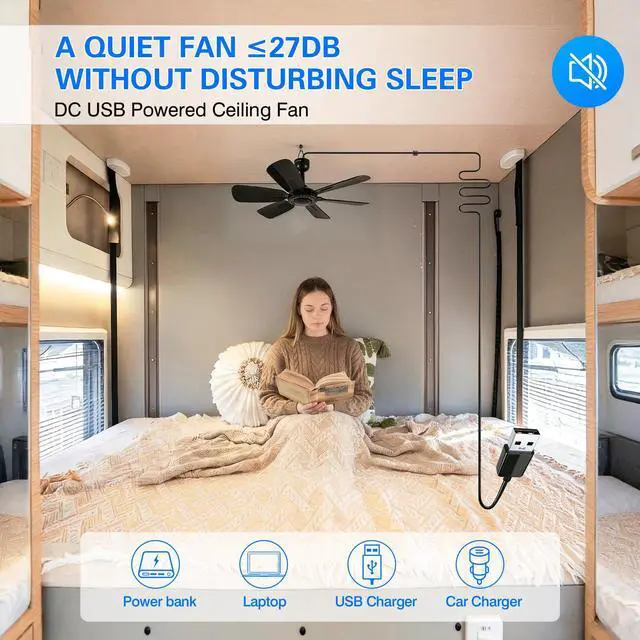 Alt view image 2 of 6 - 17.7" Inch Small Portable Ceiling Fan, USB Plug In, 5V DC Powered, 6 Blades, Indoor/Outdoor RV Camping Tent Canopy, GazeboBeachHanging, Quiet,black