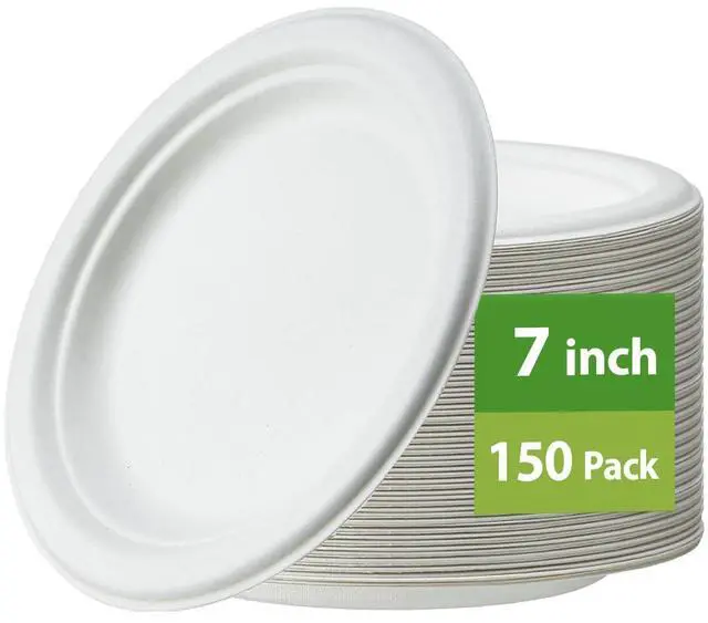 Main image of 150-Pack 7 Inch Paper Plates, Heavy Duty Disposable Party Plates - Eco-Friendly, Biodegradable Sugarcane Bagasse, White Unbleached 7" Dinner Paper Plate