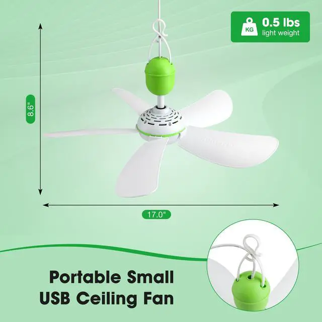 Alt view image 3 of 7 - 17" Portable USB Ceiling Fan for Camping Tent Outdoor Gazebo RV Cruise, 13.2 Ft Long Cord with on/off Button