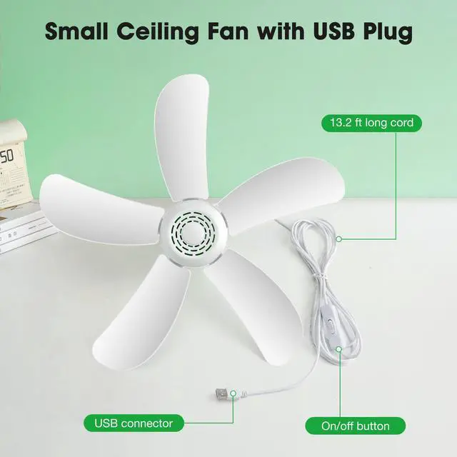 Alt view image 2 of 7 - 17" Portable USB Ceiling Fan for Camping Tent Outdoor Gazebo RV Cruise, 13.2 Ft Long Cord with on/off Button