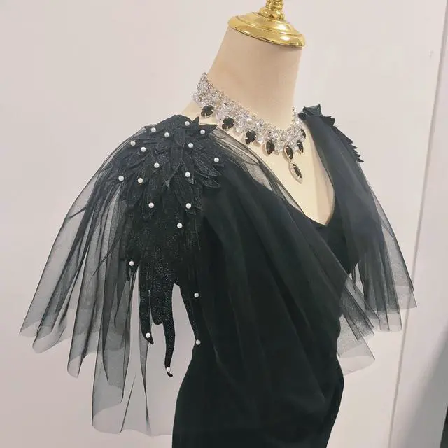 Alt view image 4 of 5 - Black Lace Epaulette Fashion Shoulder Pad White False Sleeve Dress Shawl Wedding Performance Catwalk DIY Epaulettes (A Pair) (Black)
