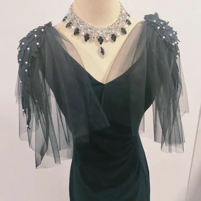 Alt view image 3 of 5 - Black Lace Epaulette Fashion Shoulder Pad White False Sleeve Dress Shawl Wedding Performance Catwalk DIY Epaulettes (A Pair) (Black)