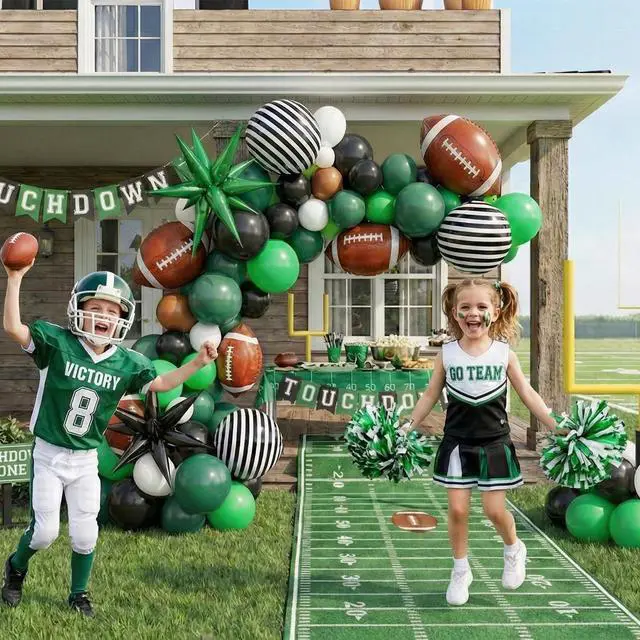 Alt view image 2 of 5 - Football Balloon Arch Kit 122Pcs - Dark Green Brown Black Balloon Garland with Self-Standing Goal Post & Star Foil Balloons for Sunday Game, Touchdown Sports Theme Birthday, Tailgate Decorations