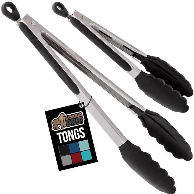 Main image of Stainless Steel BPA-Free Kitchen Tongs for Cooking, 9+12 Inch, Heat Resistant BBQ Tong Set of 2, Non Scratch Silicone Tip for Pan, Strong Grip, Grab Food, Toss Salad, Pull Lock, Black