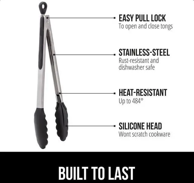 Alt view image 2 of 7 - Stainless Steel BPA-Free Kitchen Tongs for Cooking, 9+12 Inch, Heat Resistant BBQ Tong Set of 2, Non Scratch Silicone Tip for Pan, Strong Grip, Grab Food, Toss Salad, Pull Lock, Black