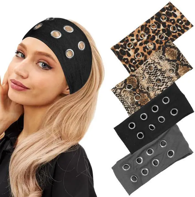 Main image of 4 Pack Y2K Punk Hollow Metal Headbands - Wide Hairband with Grommet Eyelet Design, Leopard Print Elastic Bands - Retro Fashion Accessories for Girls, Women, Festival, Street & Daily Wear(A)