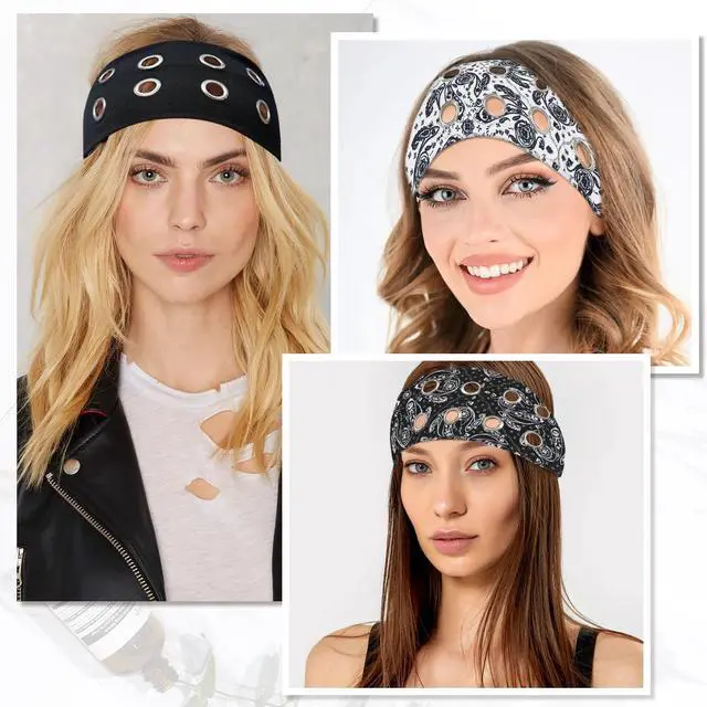 Alt view image 6 of 7 - 4 Pack Y2K Punk Hollow Metal Headbands - Wide Hairband with Grommet Eyelet Design, Leopard Print Elastic Bands - Retro Fashion Accessories for Girls, Women, Festival, Street & Daily Wear(A)
