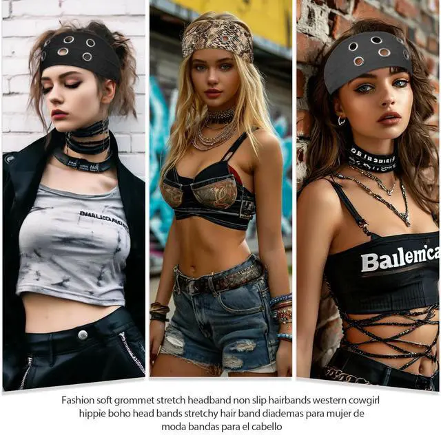 Alt view image 7 of 7 - 4 Pack Y2K Punk Hollow Metal Headbands - Wide Hairband with Grommet Eyelet Design, Leopard Print Elastic Bands - Retro Fashion Accessories for Girls, Women, Festival, Street & Daily Wear(A)
