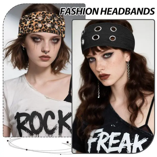Alt view image 5 of 7 - 4 Pack Y2K Punk Hollow Metal Headbands - Wide Hairband with Grommet Eyelet Design, Leopard Print Elastic Bands - Retro Fashion Accessories for Girls, Women, Festival, Street & Daily Wear(A)