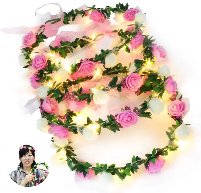 Main image of 4 Pack Light Up Flower Headband - LED Floral Head Crown for Wedding, Festival and Party - 4 Pieces