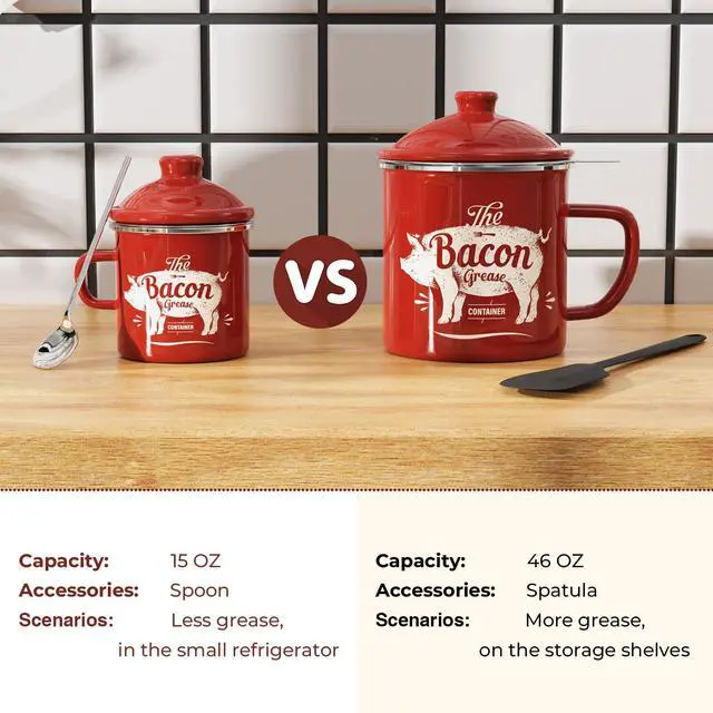 Alt view image 3 of 7 - Mini Bacon Grease Container With Strainer - 15OZ Enamel Grease Saver, Farmhouse Bacon Grease Keeper For Kitchen Fat Storage, Dishwasher Safe-Red