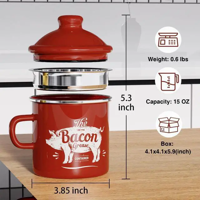 Alt view image 2 of 7 - Mini Bacon Grease Container With Strainer - 15OZ Enamel Grease Saver, Farmhouse Bacon Grease Keeper For Kitchen Fat Storage, Dishwasher Safe-Red