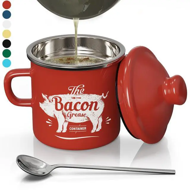 Main image of Mini Bacon Grease Container With Strainer - 15OZ Enamel Grease Saver, Farmhouse Bacon Grease Keeper For Kitchen Fat Storage, Dishwasher Safe-Red