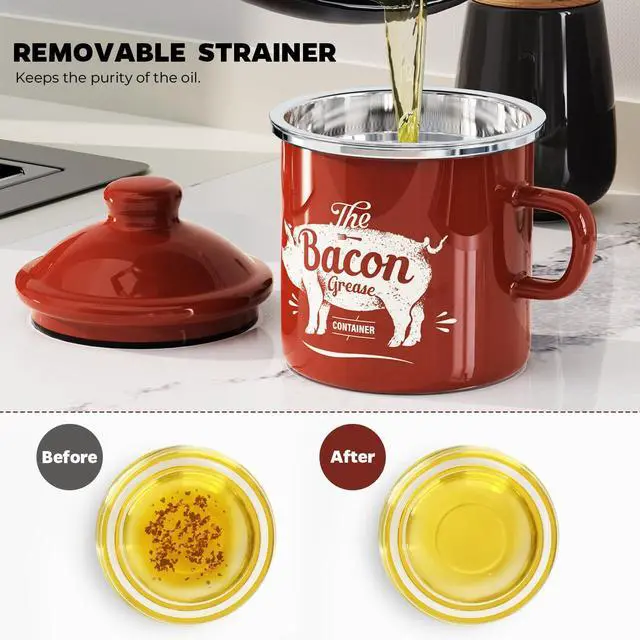 Alt view image 4 of 7 - Mini Bacon Grease Container With Strainer - 15OZ Enamel Grease Saver, Farmhouse Bacon Grease Keeper For Kitchen Fat Storage, Dishwasher Safe-Red
