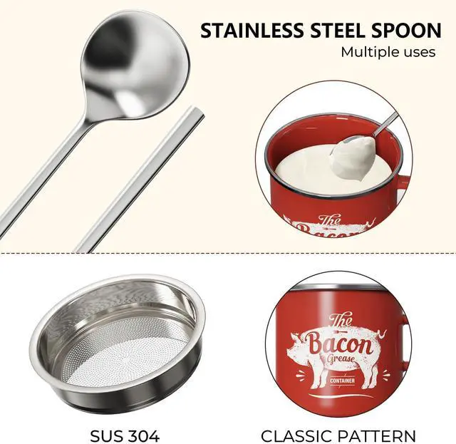 Alt view image 5 of 7 - Mini Bacon Grease Container With Strainer - 15OZ Enamel Grease Saver, Farmhouse Bacon Grease Keeper For Kitchen Fat Storage, Dishwasher Safe-Red