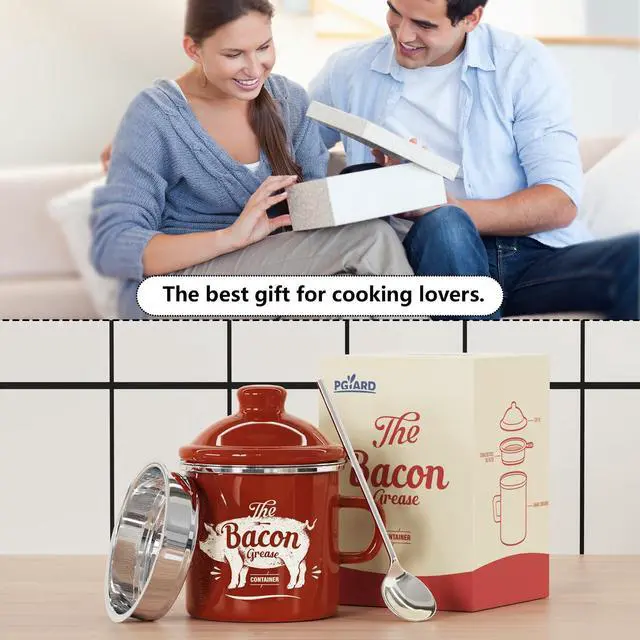 Alt view image 7 of 7 - Mini Bacon Grease Container With Strainer - 15OZ Enamel Grease Saver, Farmhouse Bacon Grease Keeper For Kitchen Fat Storage, Dishwasher Safe-Red