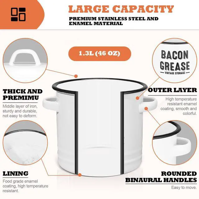 Alt view image 2 of 7 - Bacon Grease Container with Strainer - Large 46OZ Kitchen Oil Storage Can, Food Saver Bin with Lid | Farmhouse Cooking Pot Keeper Collector, Dishwasher Safe-White