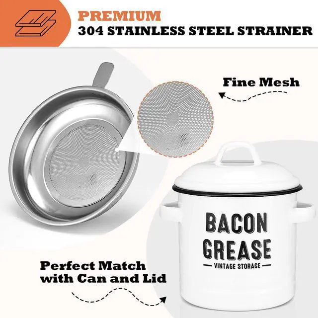 Alt view image 3 of 7 - Bacon Grease Container with Strainer - Large 46OZ Kitchen Oil Storage Can, Food Saver Bin with Lid | Farmhouse Cooking Pot Keeper Collector, Dishwasher Safe-White