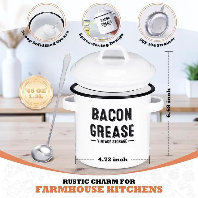 Alt view image 5 of 7 - Bacon Grease Container with Strainer - Large 46OZ Kitchen Oil Storage Can, Food Saver Bin with Lid | Farmhouse Cooking Pot Keeper Collector, Dishwasher Safe-White