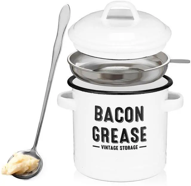 Main image of Bacon Grease Container with Strainer - Large 46OZ Kitchen Oil Storage Can, Food Saver Bin with Lid | Farmhouse Cooking Pot Keeper Collector, Dishwasher Safe-White