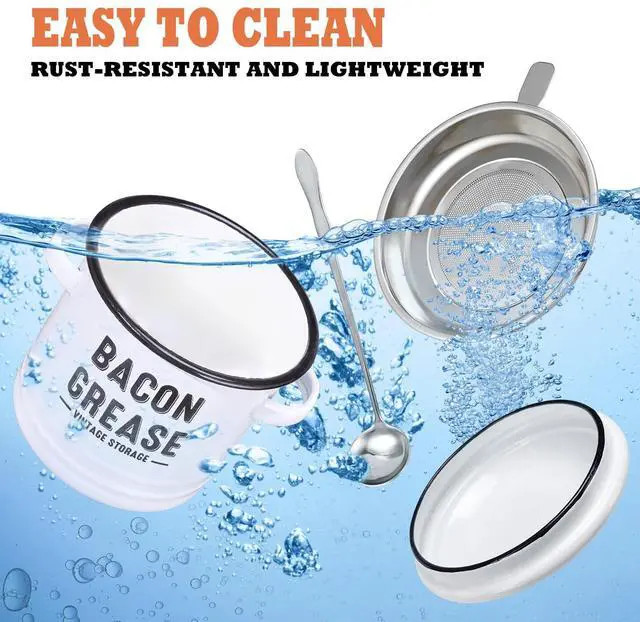 Alt view image 6 of 7 - Bacon Grease Container with Strainer - Large 46OZ Kitchen Oil Storage Can, Food Saver Bin with Lid | Farmhouse Cooking Pot Keeper Collector, Dishwasher Safe-White
