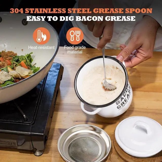 Alt view image 7 of 7 - Bacon Grease Container with Strainer - Large 46OZ Kitchen Oil Storage Can, Food Saver Bin with Lid | Farmhouse Cooking Pot Keeper Collector, Dishwasher Safe-White