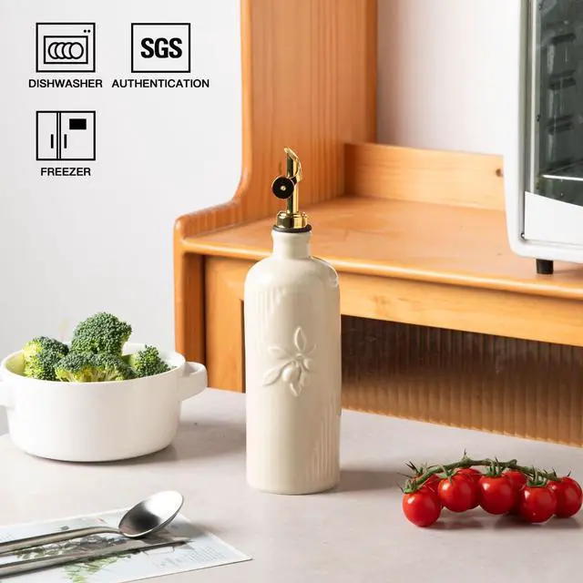 Alt view image 2 of 6 - Ceramic Olive Oil Dispenser Bottle for Kitchen Counter, 20 oz Oil Dispenser with Gold Spout, Avocado Oil Cruet for EVOO, Vinegar, Oil Container for Cooking, Pack of 1 (Beige)