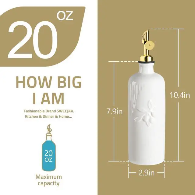 Alt view image 5 of 6 - Ceramic Olive Oil Dispenser Bottle for Kitchen Counter, 20 oz Oil Dispenser with Gold Spout, Avocado Oil Cruet for EVOO, Vinegar, Oil Container for Cooking, Pack of 1 (Beige)