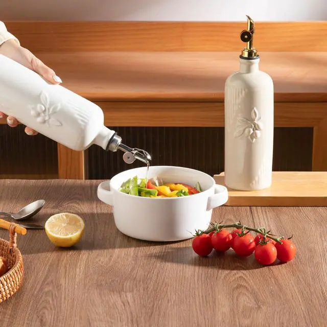 Alt view image 6 of 6 - Ceramic Olive Oil Dispenser Bottle for Kitchen Counter, 20 oz Oil Dispenser with Gold Spout, Avocado Oil Cruet for EVOO, Vinegar, Oil Container for Cooking, Pack of 1 (Beige)