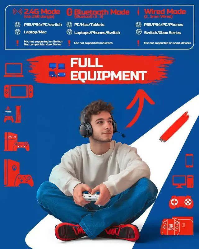 Alt view image 5 of 5 - Wireless Gaming Headset with Mic, Lightweight Over-Ear Gaming Headphones Comfort for Long Gaming Sessions, Low Latency Wireless + Bluetooth, Noise Cancelling Mic, 50mm Drivers, 40H Battery