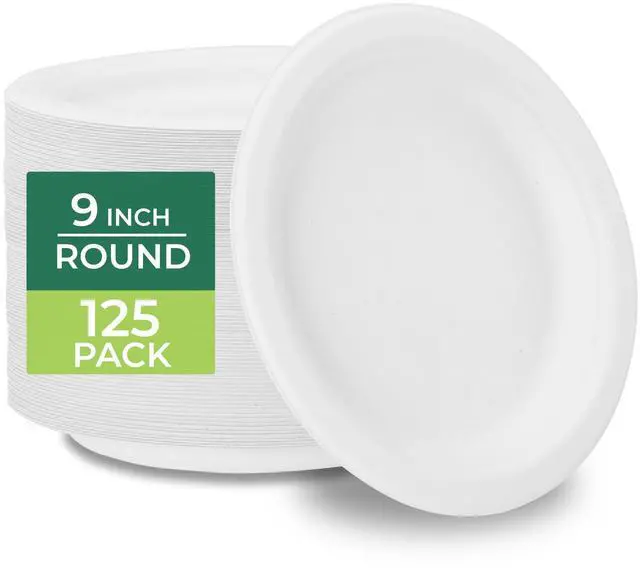 Main image of Paper Plates - Disposable 9" Plate, 125-Pack Biodegradable Sugarcane Fiber Dinner Plates - Heavy Duty Dinnerware for Hot Food - Microwave & Freezer Safe, Stackable Dinnerware