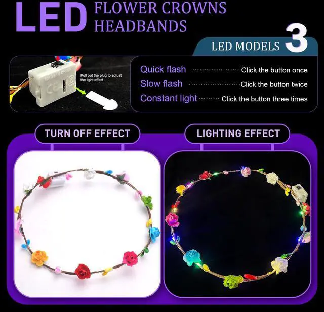 Alt view image 3 of 7 - 20 Pcs LED Flower Crowns Headbands,flower crowns,flower crowns for womendiademas con luces led para fiestaslight up headband for Wedding Beach Party Birthday Cosplay Halloween Christmas Day